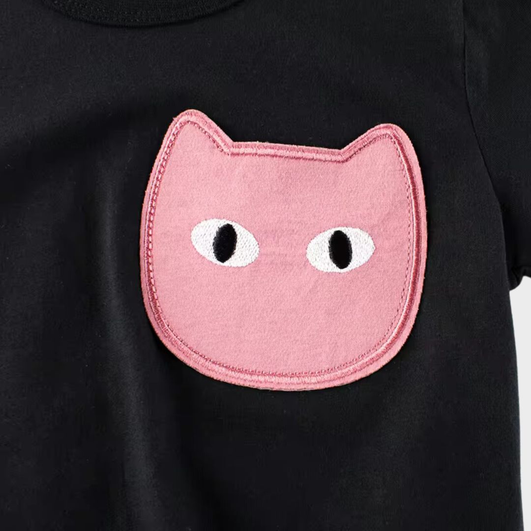 Pink Kitty Black Kids Short Sleeve T-Shirt