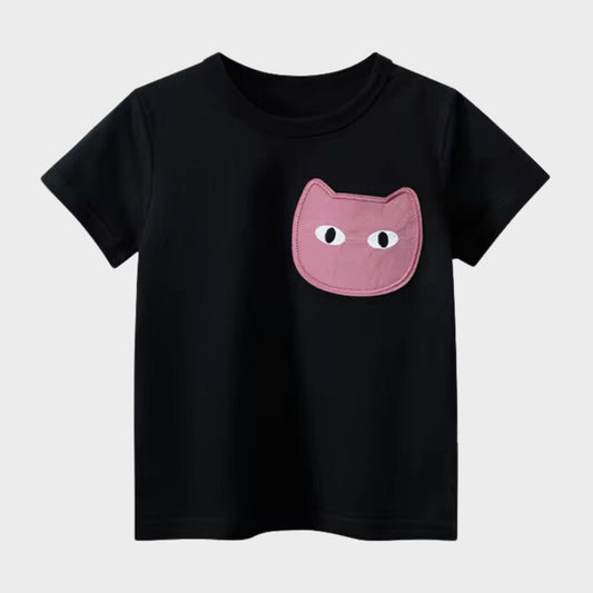 Pink Kitty Black Kids Short Sleeve T-Shirt